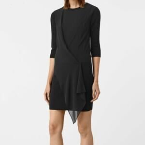 ALLSAINTS Black Kafa Draped Chiffon Wool Blend Knit Mini Dress